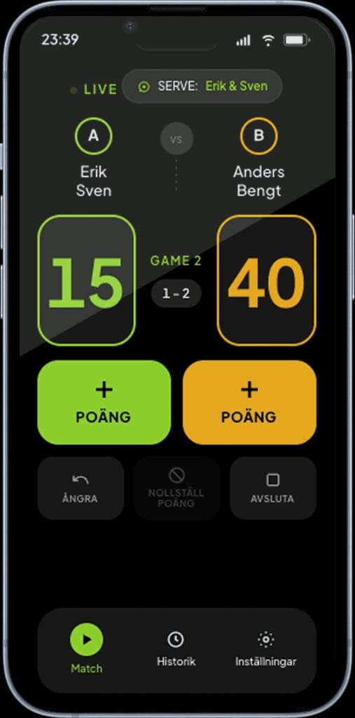 Padel Matchbook on iPhone – live match at 15–40